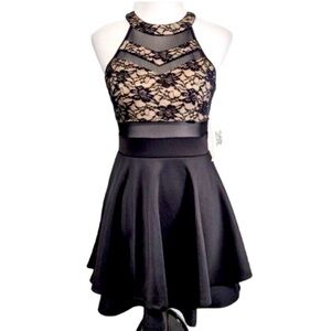 Lace Illusion Tiered Fit & Flare Mini Dress Black Cocktail Homecoming Prom Dress